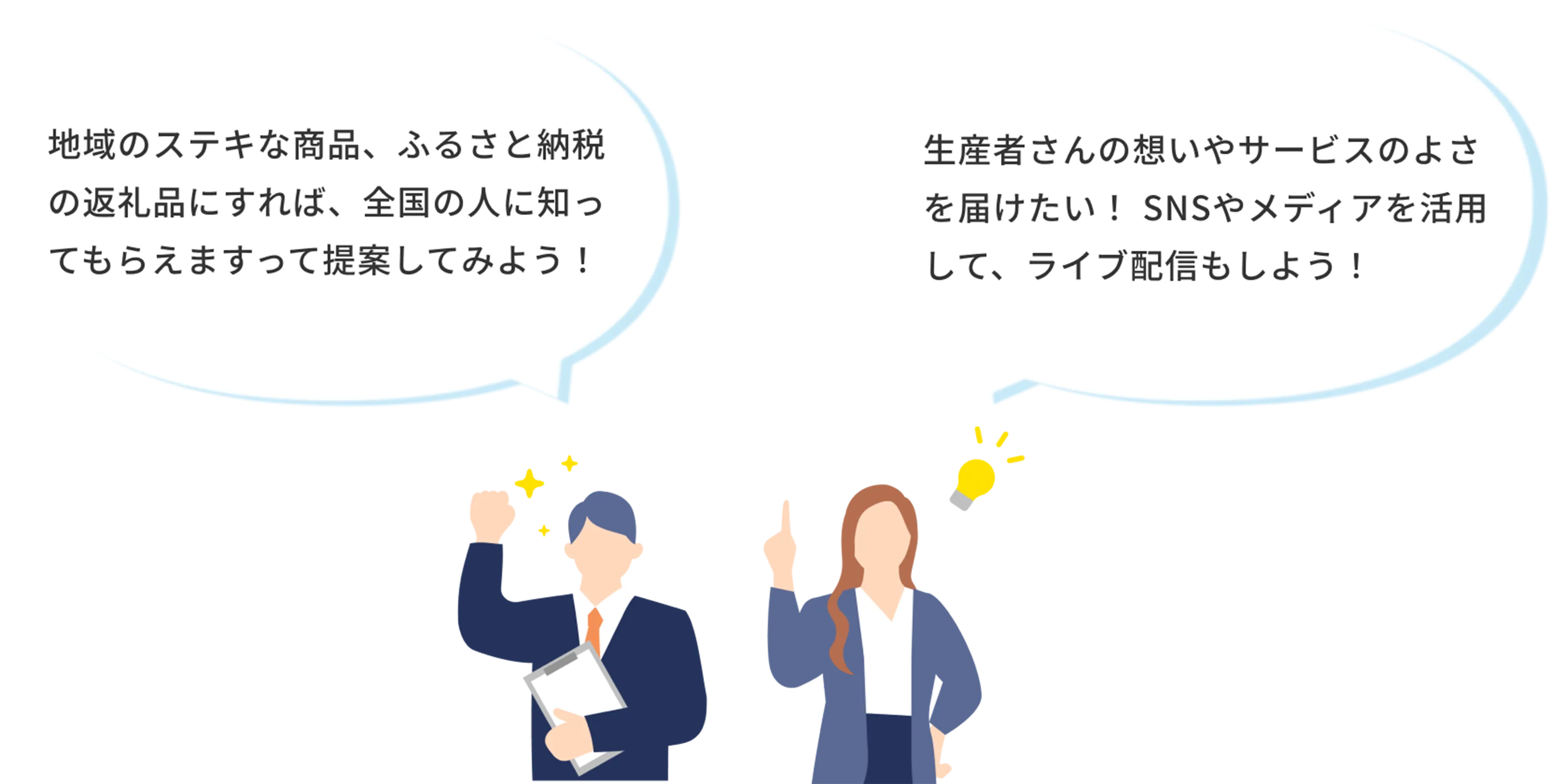 地域の素敵な商品、ふるさと納税の返礼品にすれば、全国の人に知ってもらえますって提案してみよう！生産者さんの思いやサービスのよさを届けたい！SNSやメディアを活用して、ライブ配信もしよう！